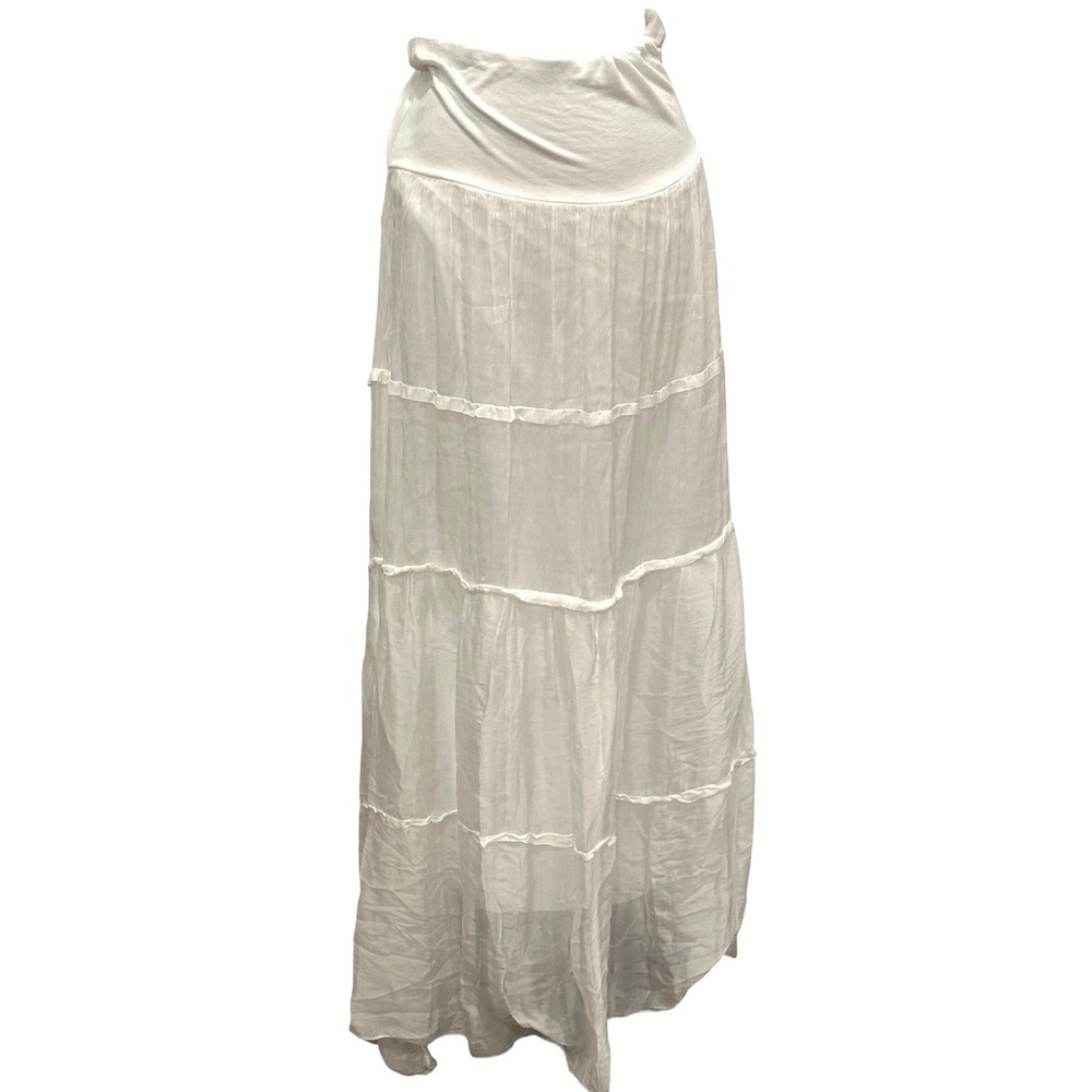 Liabella White 100% Silk Tiered Maxi Skirt Boho Peasant Flowy Size S Made Italy